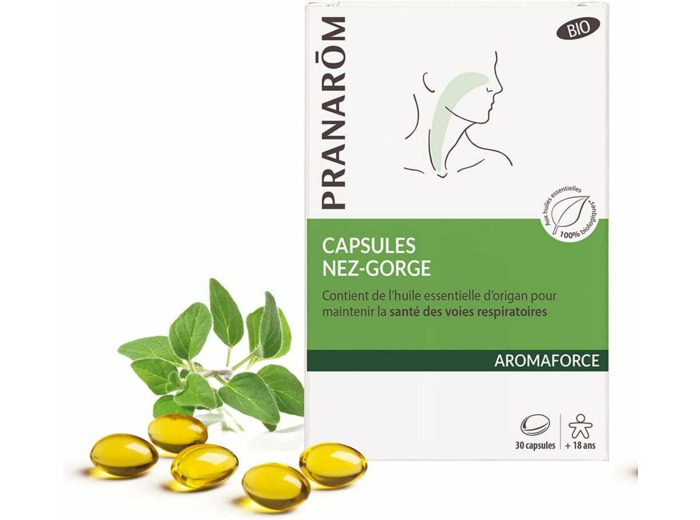 Pranarôm - Aromaforce - Capsules Nez-Gorge, Compléments Alimentaires Aux Huiles Essentielles, Origan, Maintient La Santé Des Voies Respiratoires, Citron, 100 Pour cent Bio - 30 Capsules