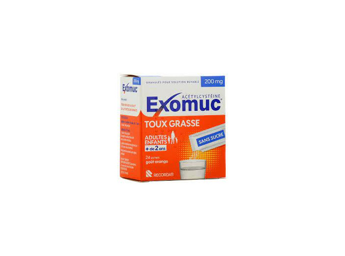 EXOMUC, granulés pour solution buvable, toux GRASSE, 200mg, adultes et enfants plus de 2 ans, goût orange, 24 sachets