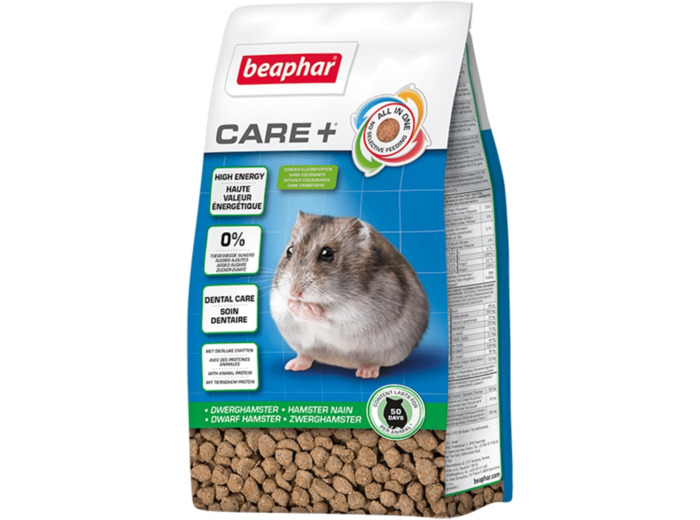 Beaphar – Care+ – Alimentation Super Premium extrudée pour Hamster Nain – avec protéines animales – Haute digestibilité & Valeur énergétique – Usure Naturelle des Dents – sans sucres ajoutés – 250g