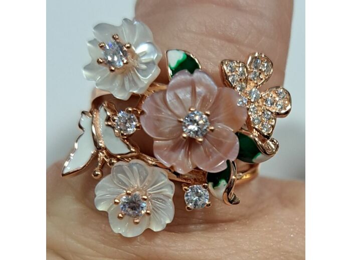 Bague Nacre Fleurs et Papillons