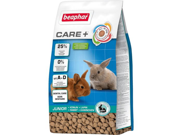 BEAPHAR – CARE+ – Alimentation Super Premium extrudée pour lapin junior – 25% de fibres – Appétent, sans sucre ajouté ni colorant – Haute digestibilité – Participe à l’usure naturelle de dents – 250 g