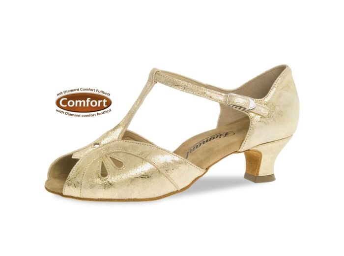 019-011-017 - Chaussures de danse en cuir or, semelle confort, talon bobine 4,2cm - Diamant