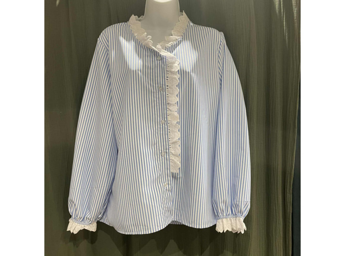 Chemisier rayé bleu & blanc – Détails dentelle – Style romantique – Taille unique