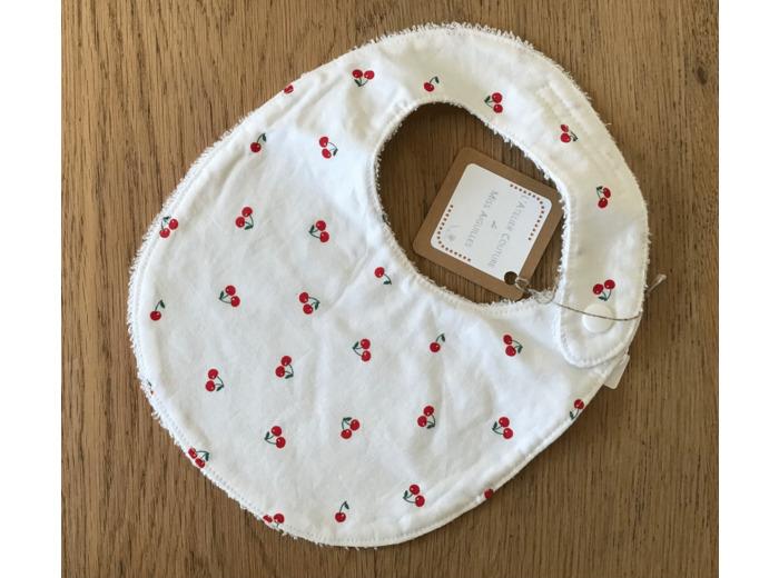 Bavoir rond bébé , en éponge de bambou et tissu coton petites cerises