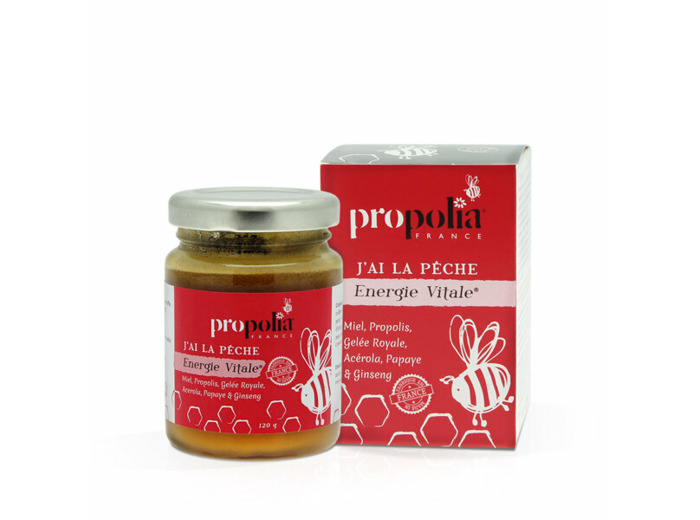 Energie vitale : Miel, propolis, gelée-royale, ginseng, papaye,  En pot de 120 g.