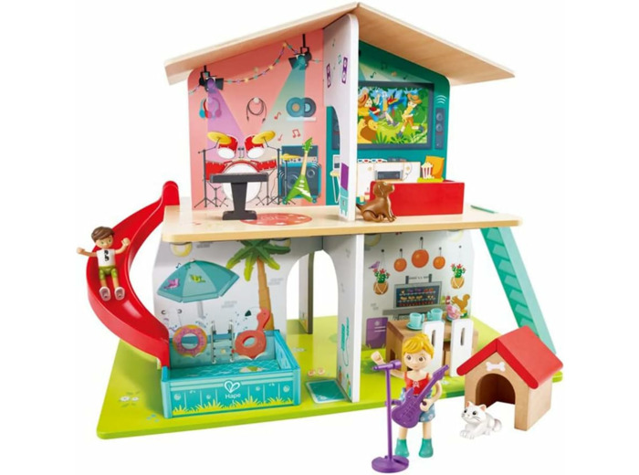 Jouet Hape - Maison de Poupée en Bois Interactive avec Sons - à Partir de 3 ans - Grande Maison de 8 Pièces à Vivre Décorées et 9 Effets Sonores (Piles Fournies) - Filles et Garçons