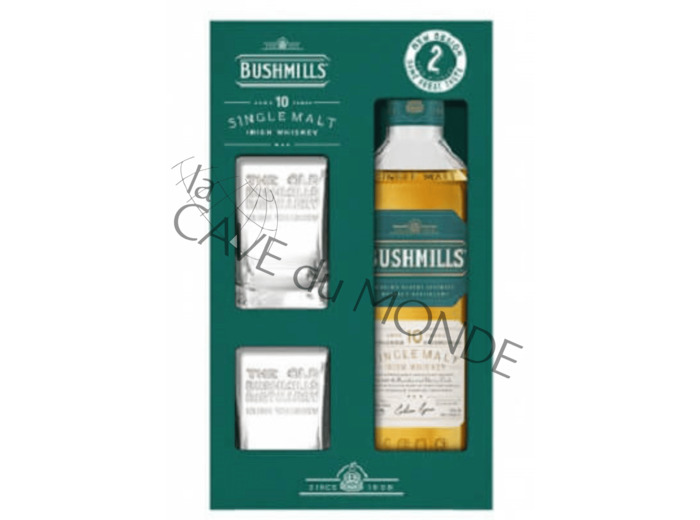 Whisky Irish Bushmills Single Malt 10 ans  Coffret 2 verres 40° 70cl