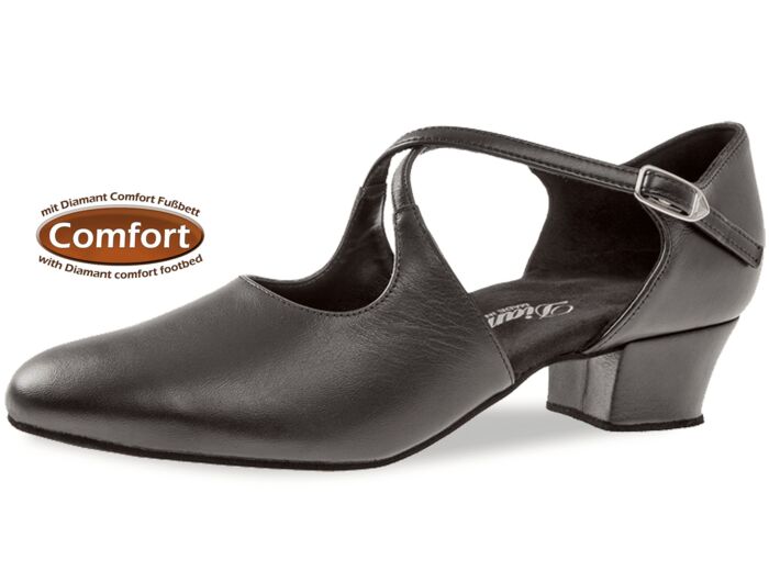 052-102-034 - Chaussures de danse en cuir noir, semelle confort, talon 3,7cm - Diamant