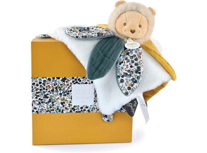 Doudou et Compagnie - BOH'AIME - Lion Doudou Pétale - Boîte Cadeau - Doudou Jaune - 27 Cm - Idée Cadeau de Naissance Fille et Garçon - Garantie Doudou Perdu - DC4025 Doudou Pétales - Lion