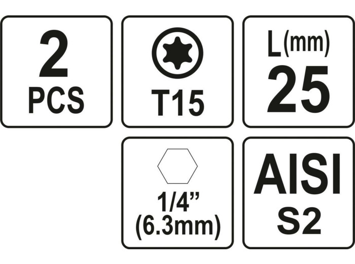 2 embouts 1/4" x25mm Torx T15 - YT-77903