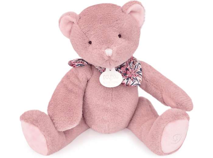 Doudou et Compagnie - L'OURS DOUDOU - Peluche Ours Rose - Pour Enfants dès la Naissance - 25cm - Apaisant et Réconfortant - Compagnon de Douceur avec Foulard Élégant