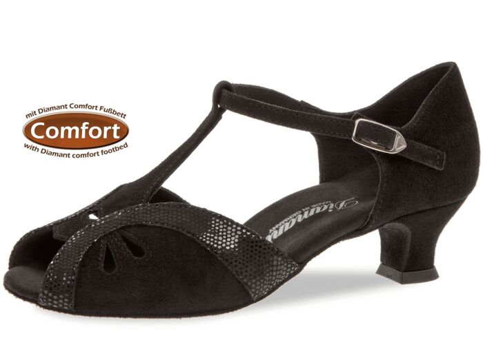 019-011-208 - Chaussures de danse en nubuck noir, semelle confort, talon bobine 4,2cm - Diamant