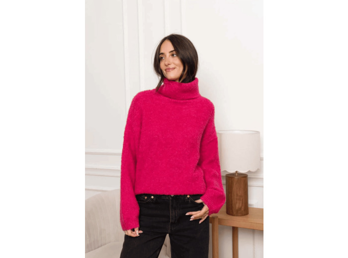 Pull col roulé rose fushia