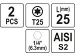 2 embouts 1/4" x25mm Torx T25 - YT-77905