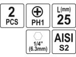 2 embouts 1/4" 25mm PH1 - YT-77871