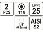 2 embouts 1/4" x25mm Torx T15 - YT-77903