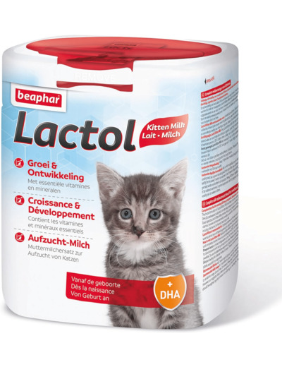 Beaphar - LACTOL - Lait maternisé en poudre - Enrichi en DHA - Source de protéines de haute qualité - Pour chaton non sevré, femelle gestante ou allaitante et chat âgé ou malade - 500 g