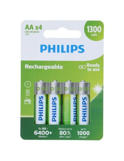 4 piles AA rechargeables Philips 1300 mAh