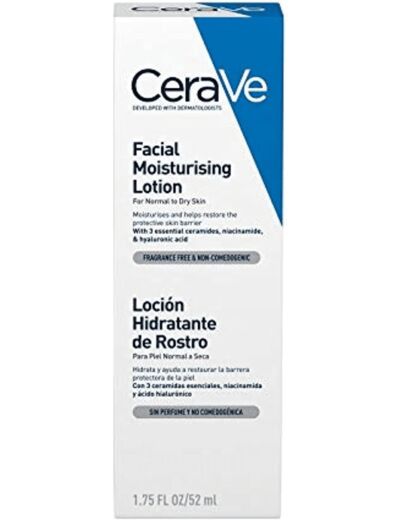 Crème hydratante visage, peaux normales à sèches, sans parfum et non-comédogène, 52ml, CeraVe