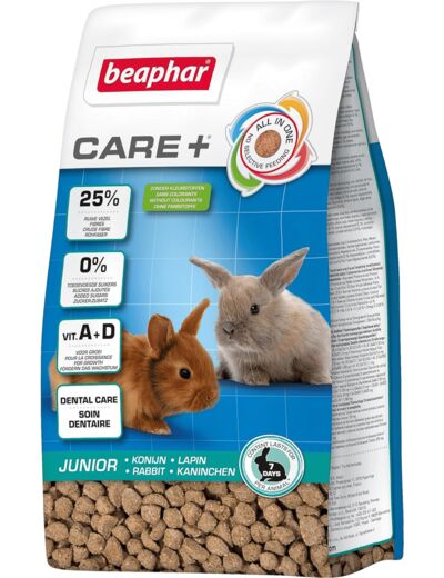 BEAPHAR – CARE+ – Alimentation Super Premium extrudée pour lapin junior – 25% de fibres – Appétent, sans sucre ajouté ni colorant – Haute digestibilité – Participe à l’usure naturelle de dents – 250 g