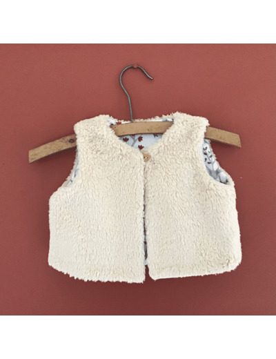 Gilet berger réversible en fausse fourrure beige et tissu coton animaux et arbres