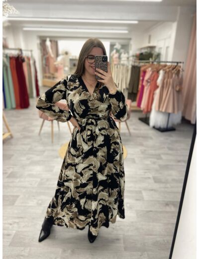 Robe longue imprimée noire et beige