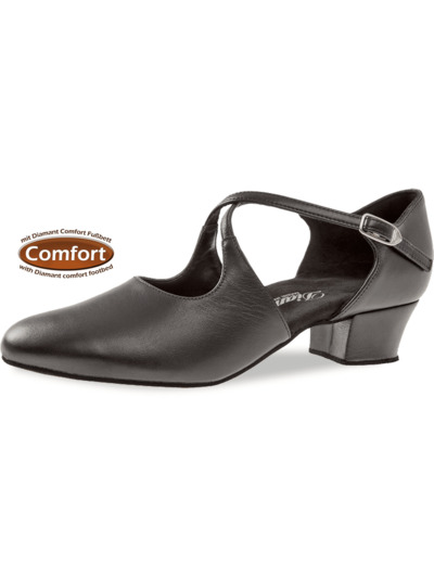 052-102-034 - Chaussures de danse en cuir noir, semelle confort, talon 3,7cm - Diamant