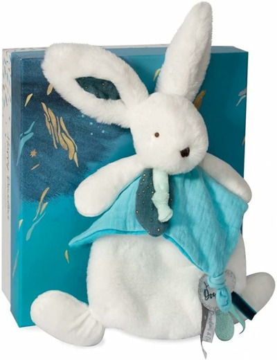 Doudou et Compagnie Happy Pop-Doudou Pompon Paon, DC3745, Blanc 25 cm Doudou Bleu