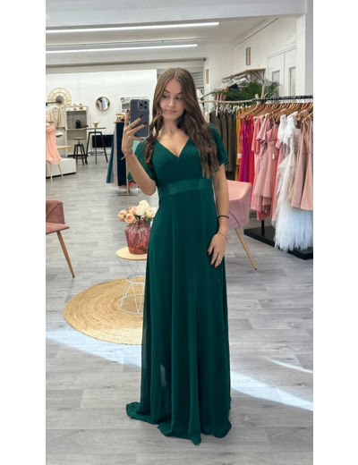 Robe longue de cérémonie vert sapin à manchette et ceinture satinée