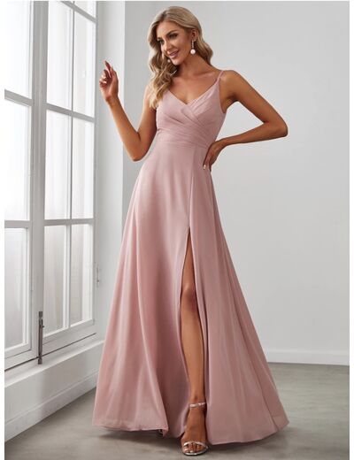 Robe de cérémonie rose poudré longue fendue