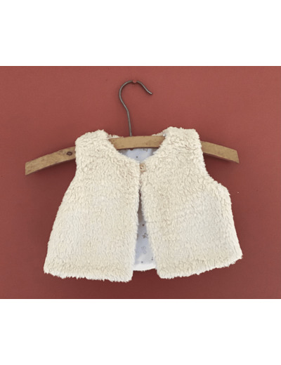 Gilet berger réversible tissu fausse fourrure beige  et tissu coton dessins enfantins.