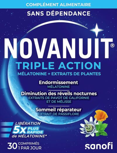 NOVANUIT TRIPLE ACTION - Complément Alimentaire - Sommeil - 30 comprimés – Endormissement – Réveils nocturnes – Sommeil réparateur
