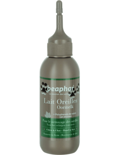 BEAPHAR – Lait nettoyant premium pour les oreilles du chien et du chat – Aux polyphénols de raisin, aux extraits de Romarin & de Thym – Nettoie en douceur les oreilles & élimine les impuretés – 125 ml Lait Oreilles