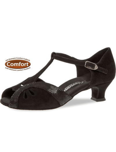 019-011-208 - Chaussures de danse en nubuck noir, semelle confort, talon bobine 4,2cm - Diamant