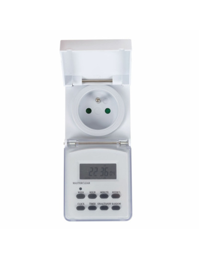 Minuteur hebdomadaire, numérique, 230 V, 16 A, 3600 W, IP44, usage extérieur, terre française type E, blanc