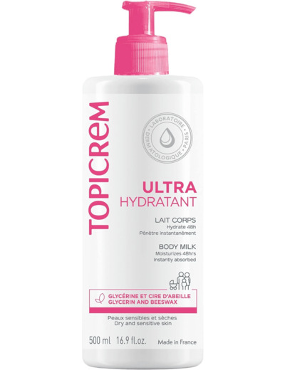 Topicrem - Ultra Hydratant Lait Corps - Hydrate 48h, Relipide, Protège la Peau - Texture Onctueuse, Odeur Délicate - Crème Hydratante pour Peaux Sensibles - Fabrication Française - 500 ml