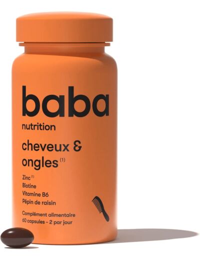 Baba Nutrition Complément Alimentaire Pour La Croissance Des Cheveux Et Des Ongles | Soins Capillaires | Zinc, Biotine, Vitamine B6, Huile de Pépins de Raisin | 60 gélules 1 unité (Lot de 1)