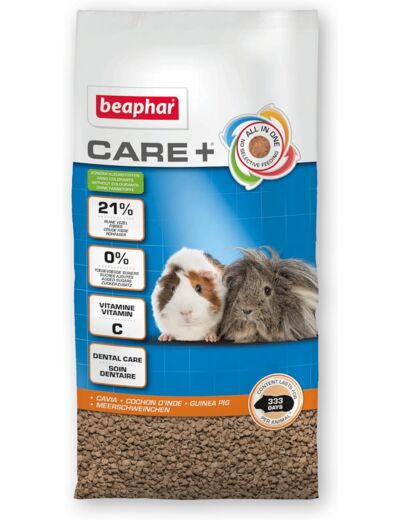 BEAPHAR – CARE+ – Alimentation Super Premium extrudée pour cochon d'Inde – Contient de la vitamine C et 22% de fibres – Sans sucres ajoutés – Haute digestibilité – Usure naturelle des dents – 10 kg