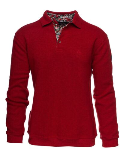 Polo manches longues col fleuri Ethnic Blue rouge en coton