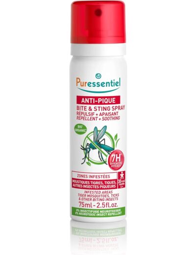 Puressentiel - Spray Répulsif Apaisant anti-moustiques et tiques - Corps et visage - Zone infestée tempérée et tropicale - Actif 100% d'origine naturelle dont Citronnelle - Efficacité 7H - 75 ml