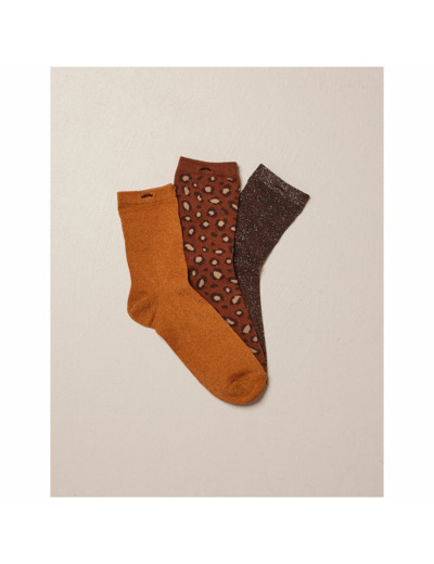 PACK DE 3 CHAUSSETTES PAILLETTES ET LEOPARD MARRON