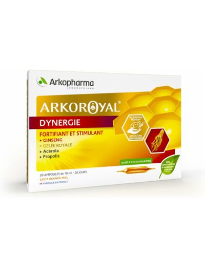 Arkoroyal® Dynergie - Complément alimentaire booster d'énergie - Ginseng, Gelée Royale, Propolis - 20 ampoules de 10 ml