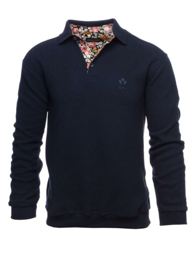 Polo manches longues col fleuri Ethnic Blue marine en coton