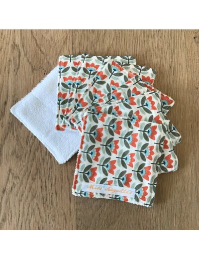 Lot de 7 lingettes lavables, en éponge de bambou, fleuris, coloris orange, vert , blanc