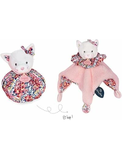 Doudou et Compagnie - Doudou Boule Chat 3 en 1 : Doudou + Cocon + Jouet d'éveil - Doudou Douceur Transformable - Rose - 25 cm - Collection Les Petits Futés - Garantie Doudou Perdu - DC3933 Chat Rose