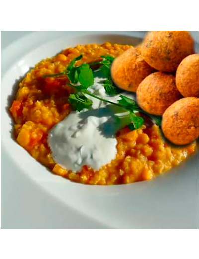 Dahl de lentilles et épeautre, falafels au potimarron et champignons (végétarien)