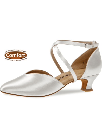 107-013-092 - Chaussures de danse en V en satin blanc, semelle confort, talon 4,2 cm - Diamant