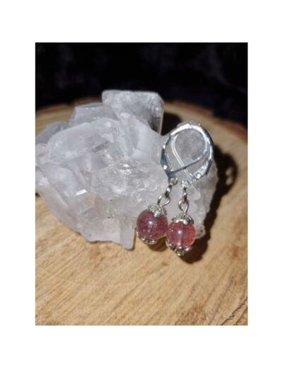 boucles d'oreilles dormeuses, quartz fraise, fait main