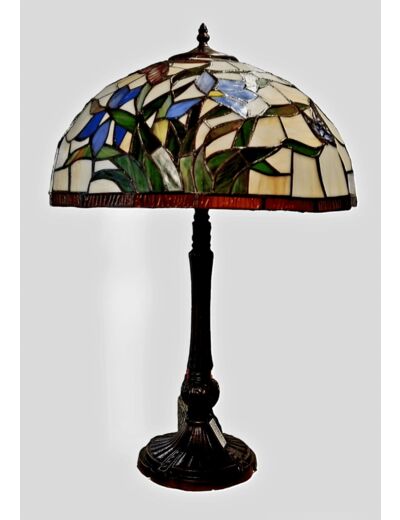 Lampe Tiffany Art Nouveau - Iris Bleu & papillons - H 62 cm - De Ryck