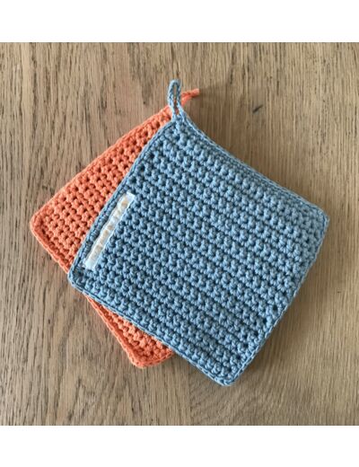 Maniques en crochet double épaisseur coton coloris vert et orange